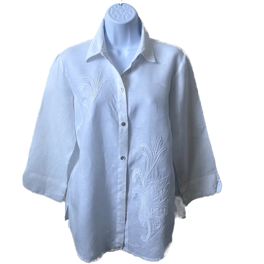 Peck & Peck, 3/4 Sleeve Lace Detail Linen Button Down Blouse Top Shirt